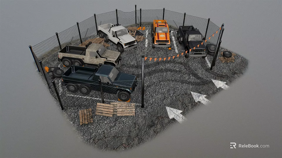 Toy Vehicles in Fenced Area with Gravel Ground Caution Tape and Arrow Signs 3d model 