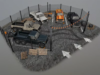 Toy Vehicles in Fenced Area with Gravel Ground Caution Tape and Arrow Signs 3d model