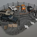 Toy Vehicles in Fenced Area with Gravel Ground Caution Tape and Arrow Signs