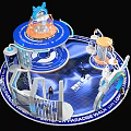 Futuristic Tech Exhibition Booth With Blue White Design Circular Structure Domed Top And People Around