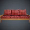 Red Plaid Three Seater Sofa With Wooden Frame And Comfortable Cushions
