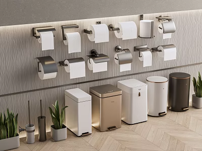 Modern Bathroom Wall Mounted Toilet Paper Holders And Colorful Waste Bins With Small Plants 3d model