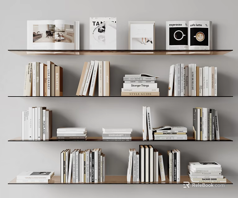 Organized Bookshelf Display Featuring Various Books And Magazines On Multiple Shelves 3d model