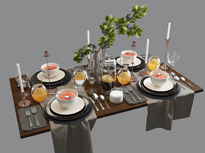 Elegant Table Dinnerware Set With Plates Bowls Glasses Napkins Candles Green Plant And Cutlery 3d model