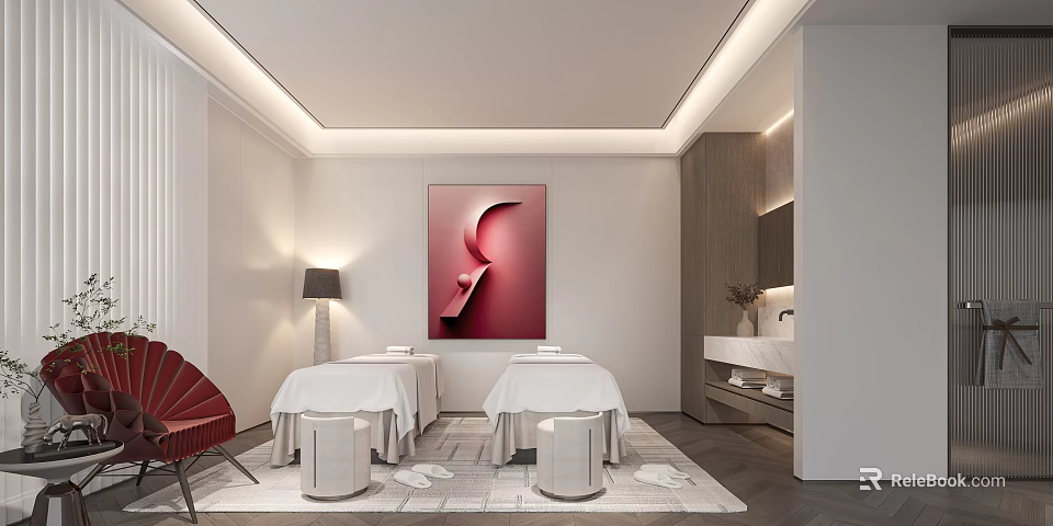 Modern SPA Room Interior With Massage Beds And Art Decor 3d model 