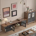 Wooden TV Stand With Glass Doors Black Drawers Table Lamp And Wall Art