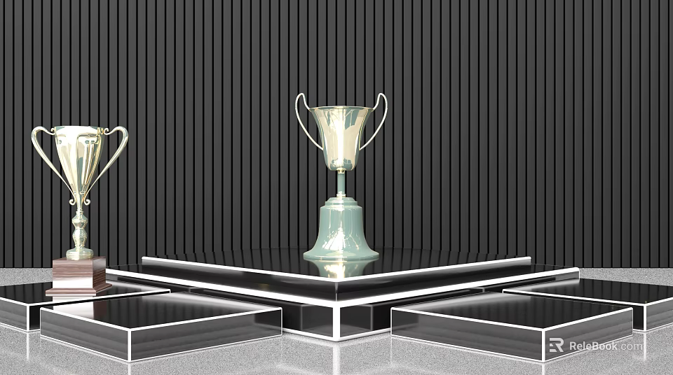 Shiny Gold And Silver Trophies On Glass Display Stand Against Black Wall Background 3d model 