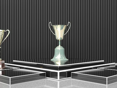Shiny Gold And Silver Trophies On Glass Display Stand Against Black Wall Background 3d model