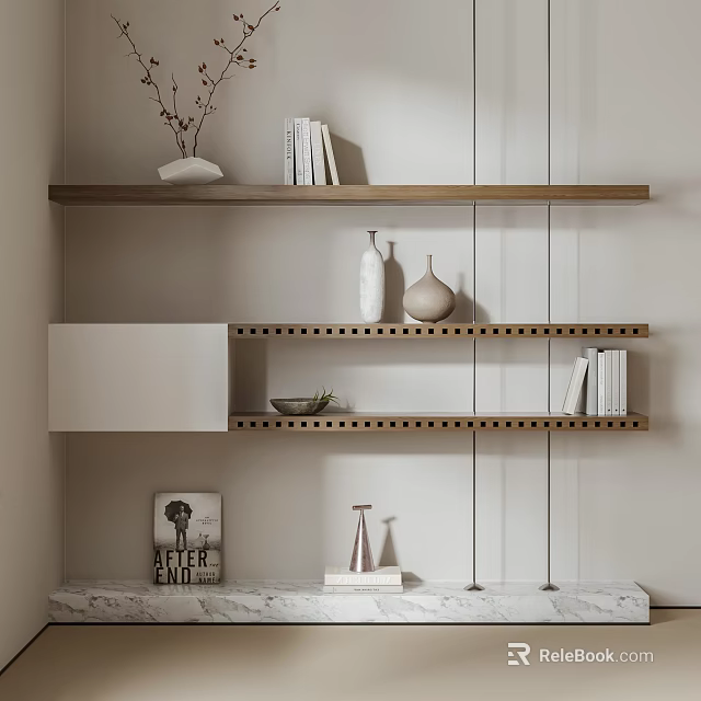 Modern Wall Mounted Storage Shelving Unit With Wooden Shelves Books And Decorative Vases 3d model 