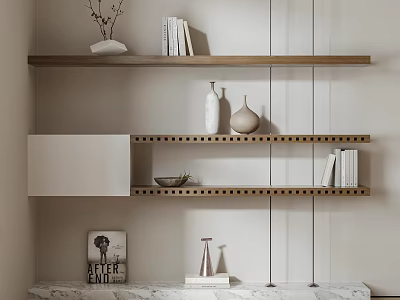 Modern Wall Mounted Storage Shelving Unit With Wooden Shelves Books And Decorative Vases 3d model