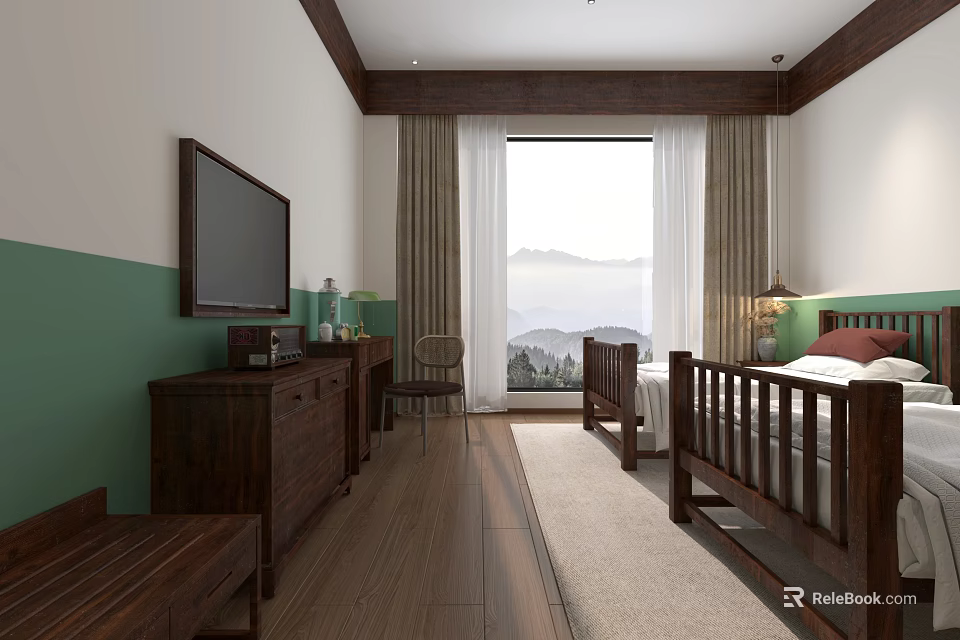 Hotel Guest Room With Twin Beds Wooden Furniture Green And White Walls And Mountain View 3d model 