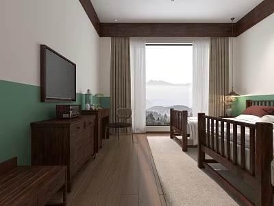 Hotel Guest Room With Twin Beds Wooden Furniture Green And White Walls And Mountain View 3d model