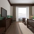 Hotel Guest Room With Twin Beds Wooden Furniture Green And White Walls And Mountain View