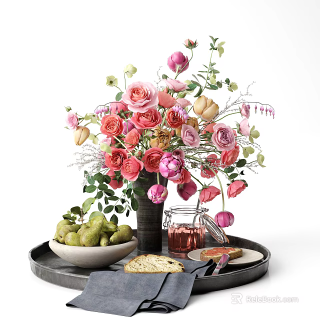 Fresh Green Pears and Bread Slices on Tray With Pink Flowers 3d model 