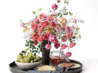 Fresh Green Pears and Bread Slices on Tray With Pink Flowers 3d model