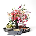 Fresh Green Pears and Bread Slices on Tray With Pink Flowers