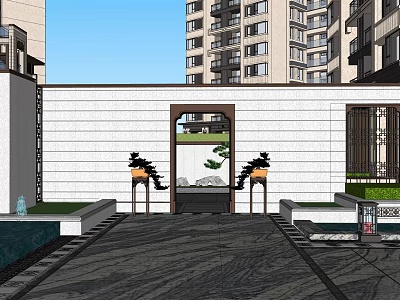 Modern High Rise Residential Landscape With Chinese Moon Gate Stone Pathway And Water Feature 3d model