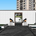 Modern High Rise Residential Landscape With Chinese Moon Gate Stone Pathway And Water Feature