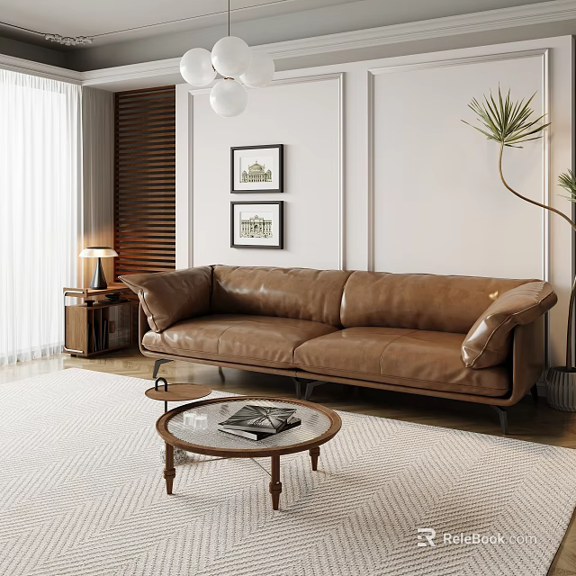 Brown Leather Sofa and Round Wooden Coffee Table Set in Living Room with Decorative Paintings 3d model 