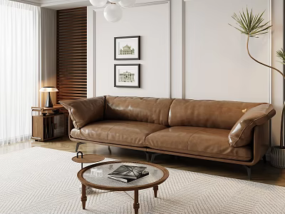 Brown Leather Sofa and Round Wooden Coffee Table Set in Living Room with Decorative Paintings 3d model
