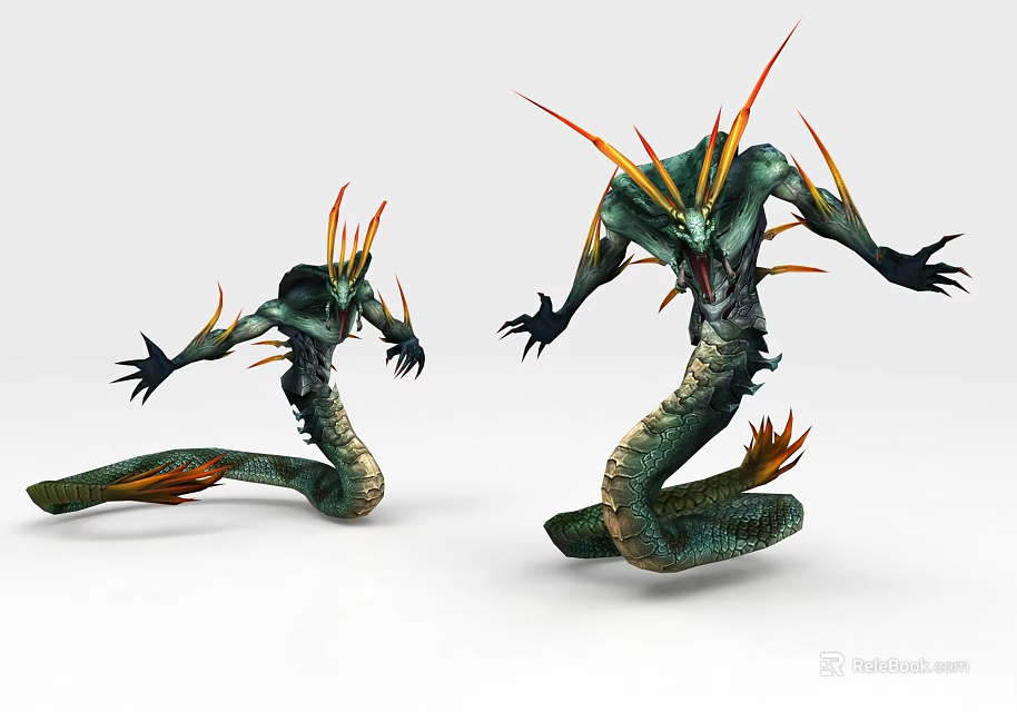Mythical Green Dragon Like Game Movie Character With Orange Spines Long Tail And Aggressive Stance 3d model 