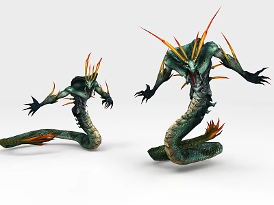 Mythical Green Dragon Like Game Movie Character With Orange Spines Long Tail And Aggressive Stance 3d model