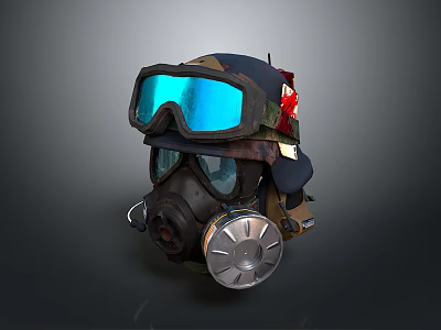 Military Weapon Helmet With Blue Goggles Gas Mask Camouflage And Red Insignia 3d model