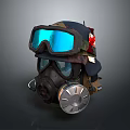 Military Weapon Helmet With Blue Goggles Gas Mask Camouflage And Red Insignia
