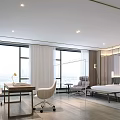 Modern Hotel Guest Room Featuring Large Windows City View Hanging Lights And Sofa Area