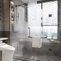 Modern Bathroom Interior With Round Mirror White Vanity Glass Shower And Gray Tiles