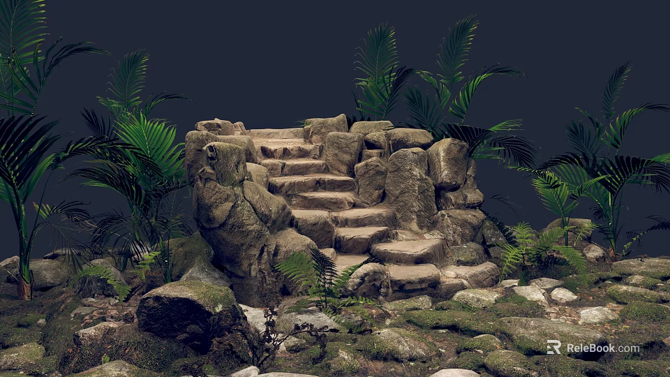 Natural Stone Staircase Surrounded by Lush Green Plants and Mossy Rocks 3d model 
