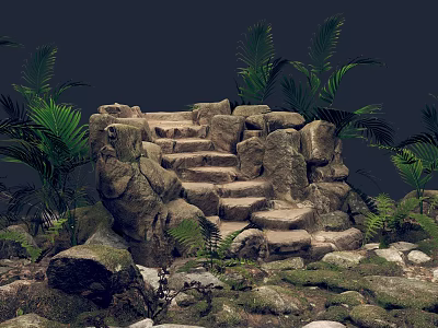 Natural Stone Staircase Surrounded by Lush Green Plants and Mossy Rocks 3d model