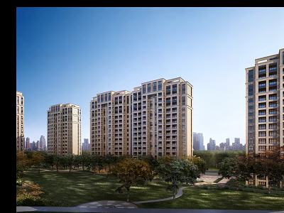 Modern High rise Residential Buildings With Green Lawn And Trees In Park Like Surroundings 3d model