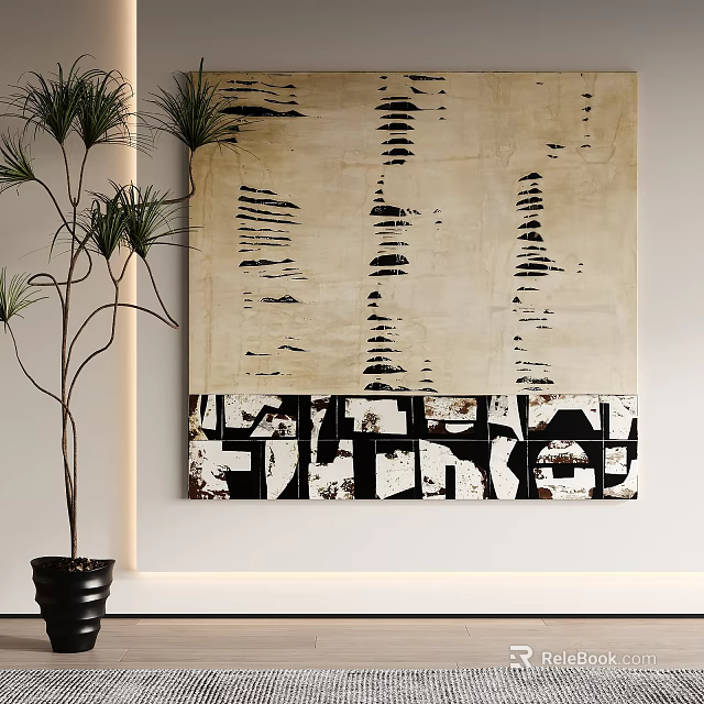 Abstract Wall Art With Beige Background Black Patterns And Indoor Plant Decor 3d model