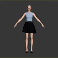 Woman In Blue Sleeveless Top Black Short Skirt And Black High Heels With Gray Background