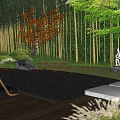 Serene Courtyard Garden With Wooden Deck Green Plants Red Leaf Trees And Outdoor Furniture