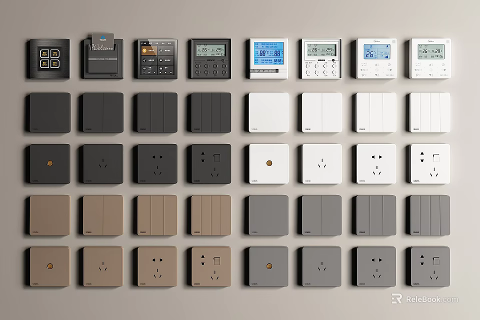 Assorted Color Switch Panels with Modern Designs and Multiple Sockets 3d model 