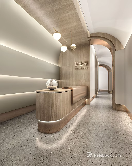 Modern Hospital Outpatient Clinic Nurse Station With Wooden Reception Desk And Warm Interior Lighting 3d model 