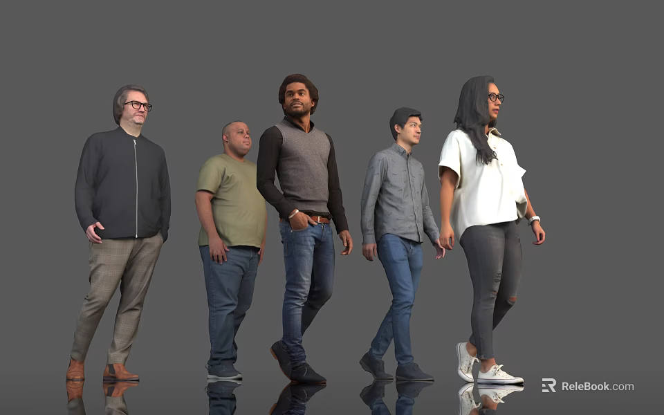 Group of Diverse People Standing Together in Casual Attire on Gray Background 3d model 