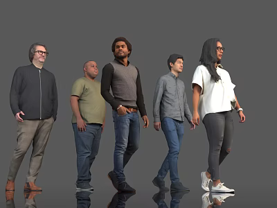 Group of Diverse People Standing Together in Casual Attire on Gray Background 3d model