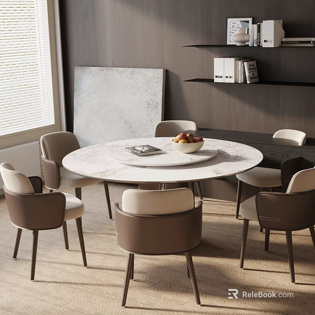 Modern Round Dining Table Set With White Tabletop And Brown White Chairs 3d model 