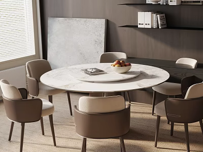 Modern Round Dining Table Set With White Tabletop And Brown White Chairs 3d model