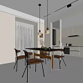 Modern Open Dining Kitchen Interior With Wooden Table Chairs Pendant Lights And Curtains