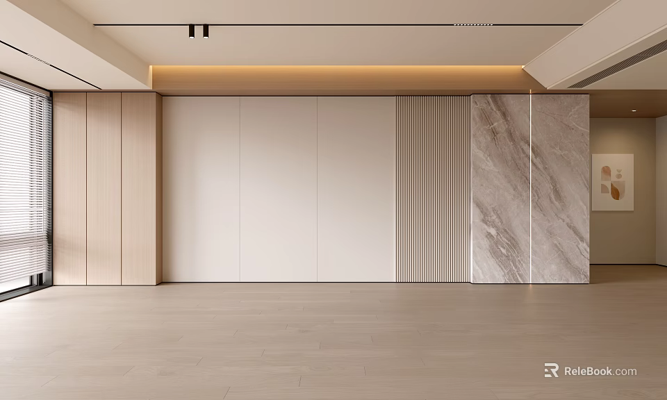 Modern Living Room Interior Design With Wooden Panels White Surfaces And Marble Accents 3d model 