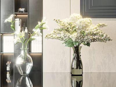 White Flowers in Transparent and Metallic Vases Modern Interior Tabletop Decor with Lighting 3d model