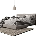 Modern Grey Double Bed With Nightstand Soft Rug And Pendant Light 3d model