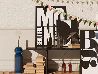 Ornamental Decor Combination with Letter Art Stacked Books and Geometric Ornaments on Black Shelf 3d model