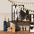 Ornamental Decor Combination with Letter Art Stacked Books and Geometric Ornaments on Black Shelf