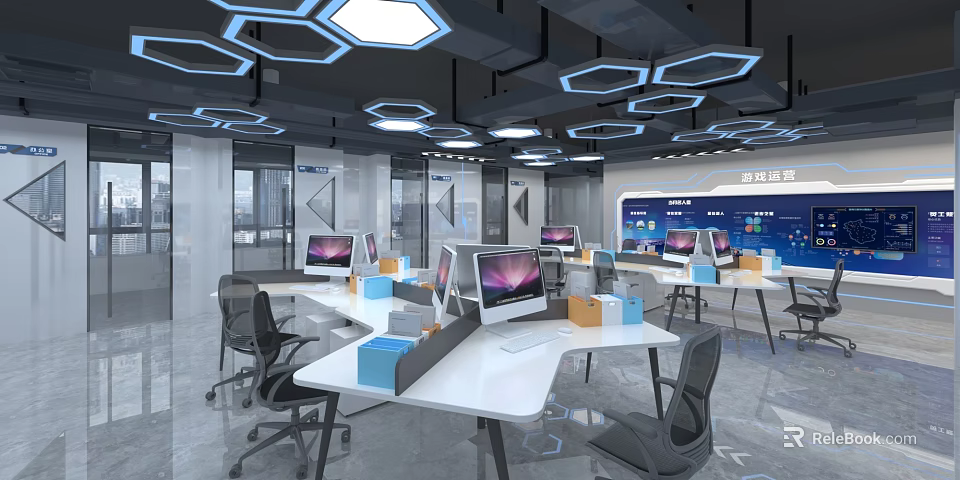 Modern Public Office Interior Design With Hexagonal Lighting Workstations And Computers 3d model