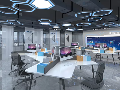 Modern Public Office Interior Design With Hexagonal Lighting Workstations And Computers 3d model